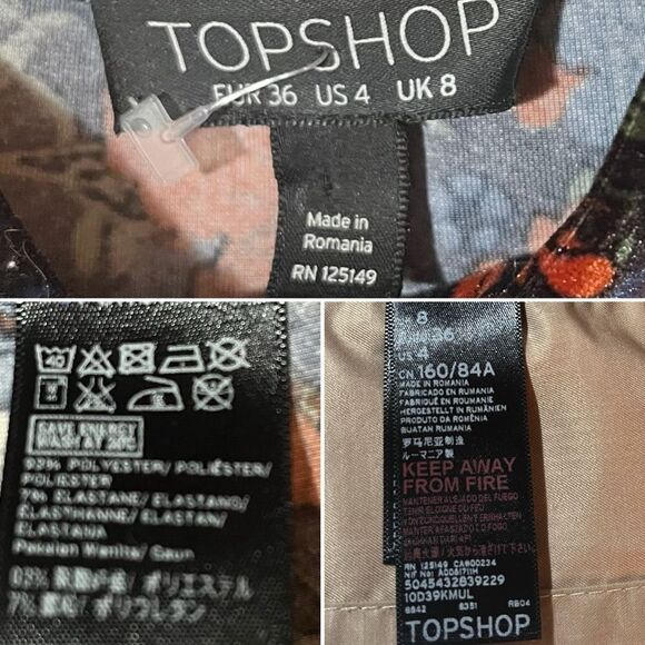 Topshop Mockneck Navy Floral Velvet Dress Long Sleeves A-Line Fit and Flare 4 - Picture 9 of 10